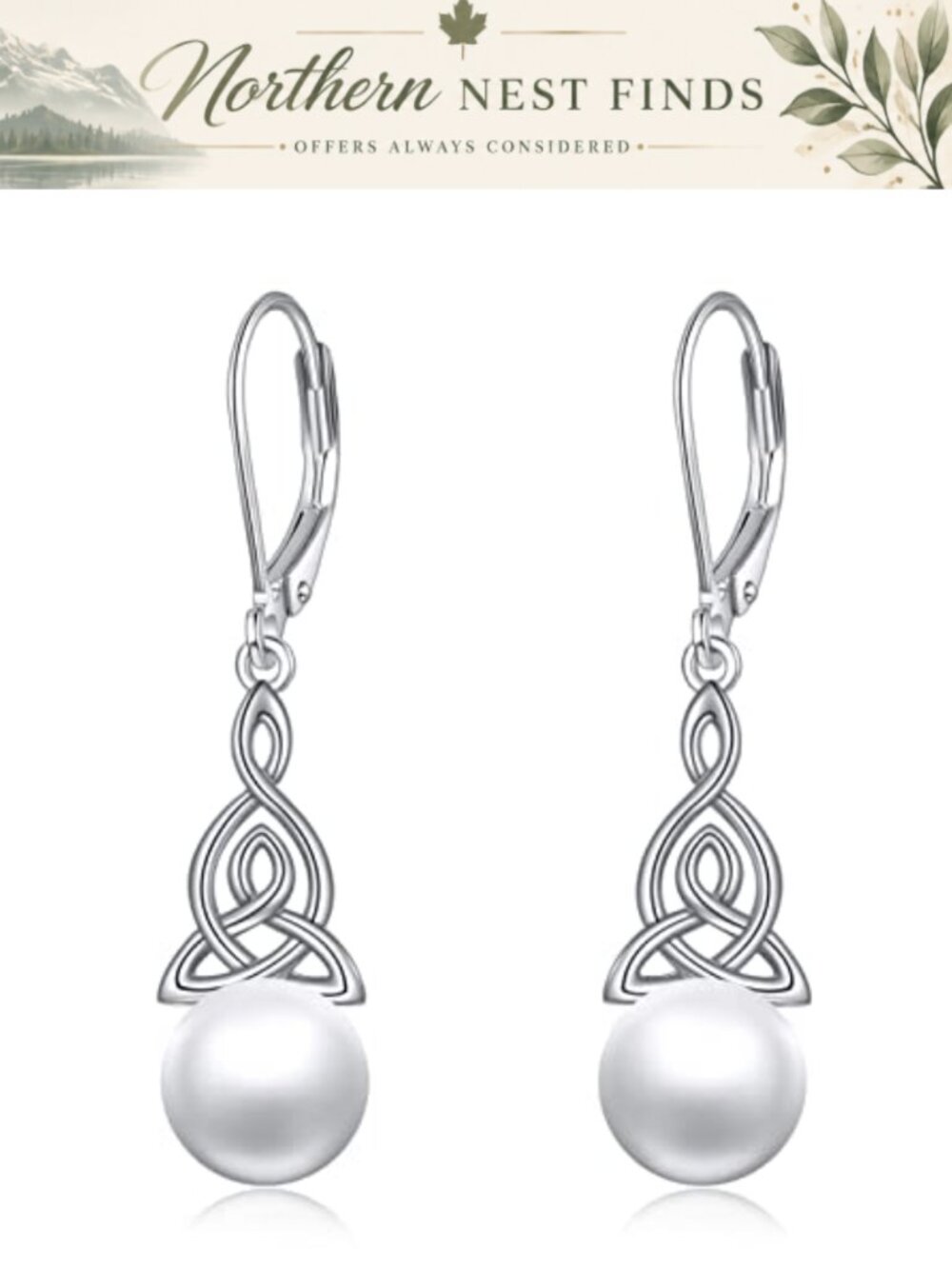Pearl Dangle Earrings 925 Sterling Silver Celtic Knot Leverback
